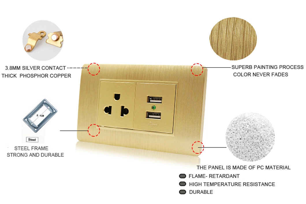 South American Dual USB Charger Port 3 Pin Multifunction Socket